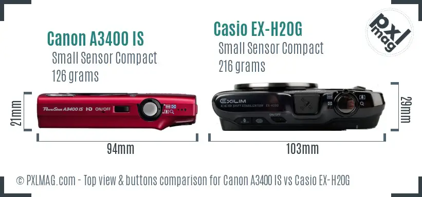 Canon A3400 IS vs Casio EX-H20G top view buttons comparison Canon A3400 IS vs Casio EX-H20G top view buttons comparison