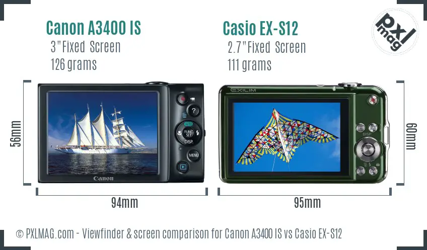 Canon A3400 IS vs Casio EX-S12 Screen and Viewfinder comparison
