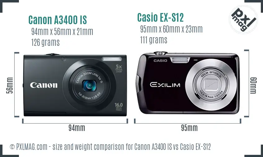 Canon A3400 IS vs Casio EX-S12 size comparison