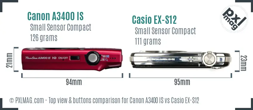 Canon A3400 IS vs Casio EX-S12 top view buttons comparison