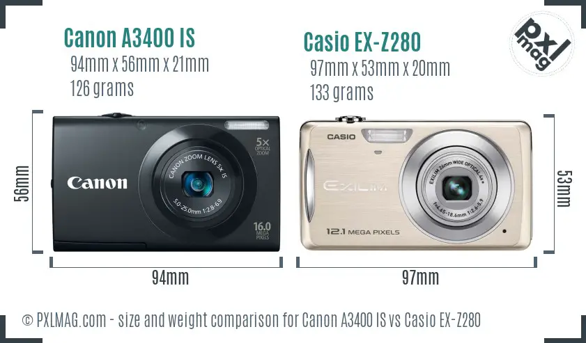 Canon A3400 IS vs Casio EX-Z280 size comparison Canon A3400 IS vs Casio EX-Z280 size comparison