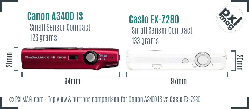 Canon A3400 IS vs Casio EX-Z280 top view buttons comparison Canon A3400 IS vs Casio EX-Z280 top view buttons comparison