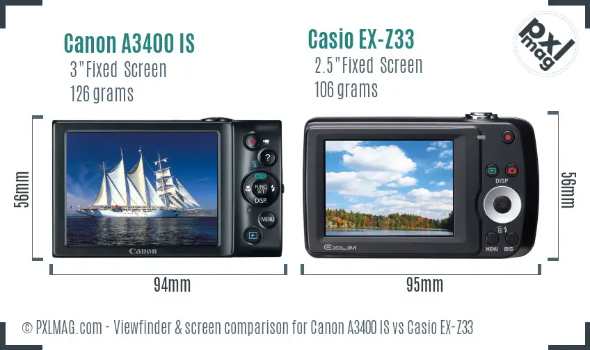 Canon A3400 IS vs Casio EX-Z33 Screen and Viewfinder comparison Canon A3400 IS vs Casio EX-Z33 Screen and Viewfinder comparison