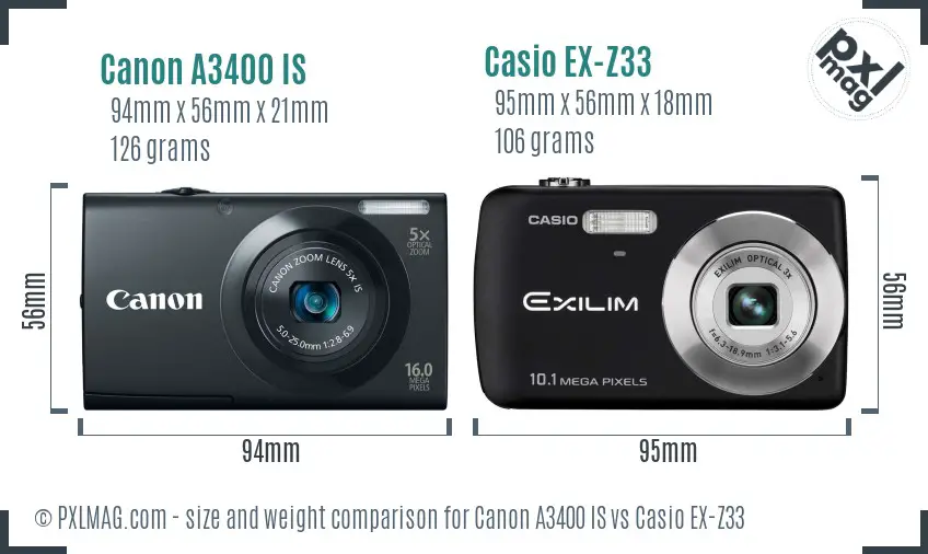 Canon A3400 IS vs Casio EX-Z33 size comparison Canon A3400 IS vs Casio EX-Z33 size comparison