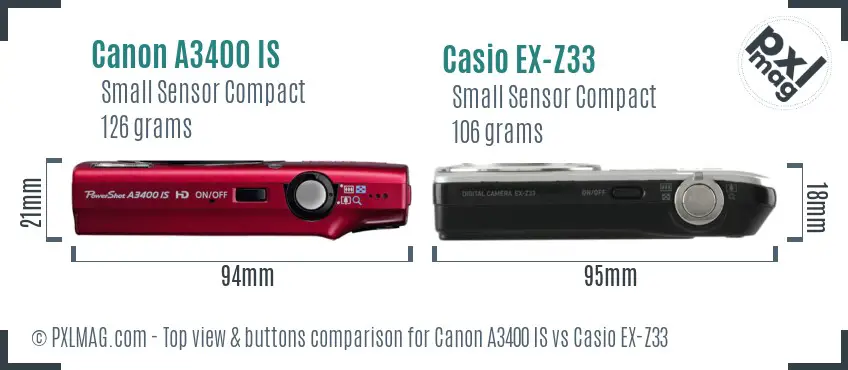 Canon A3400 IS vs Casio EX-Z33 top view buttons comparison Canon A3400 IS vs Casio EX-Z33 top view buttons comparison
