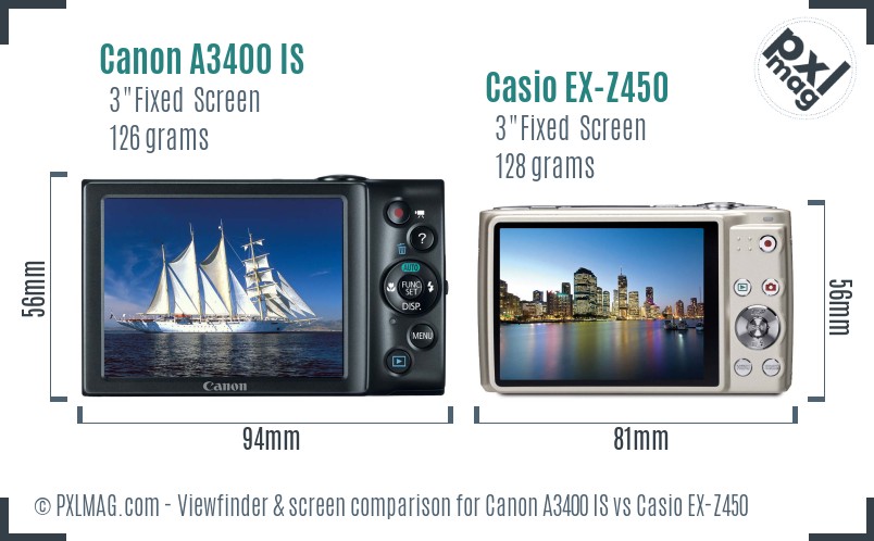 Canon A3400 IS vs Casio EX-Z450 Screen and Viewfinder comparison