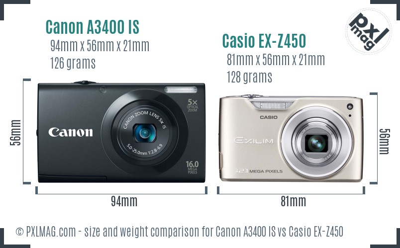 Canon A3400 IS vs Casio EX-Z450 size comparison Canon A3400 IS vs Casio EX-Z450 size comparison