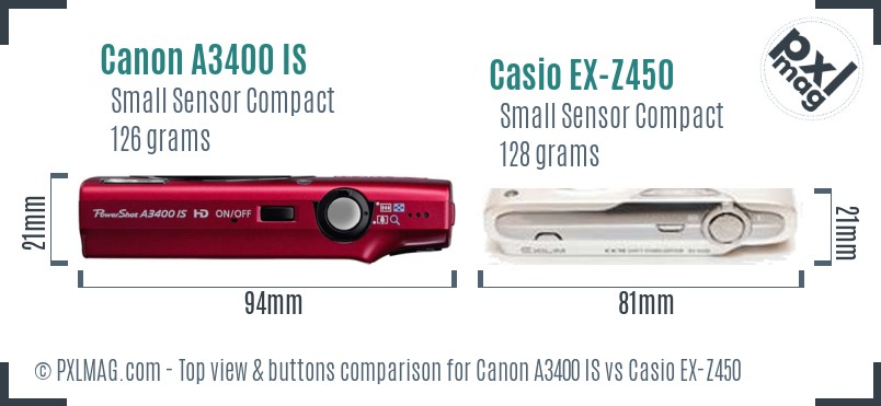 Canon A3400 IS vs Casio EX-Z450 top view buttons comparison