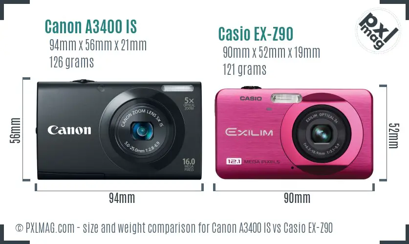 Canon A3400 IS vs Casio EX-Z90 size comparison