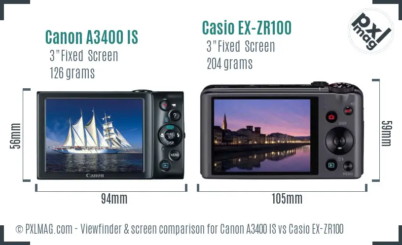 Canon A3400 IS vs Casio EX-ZR100 Screen and Viewfinder comparison