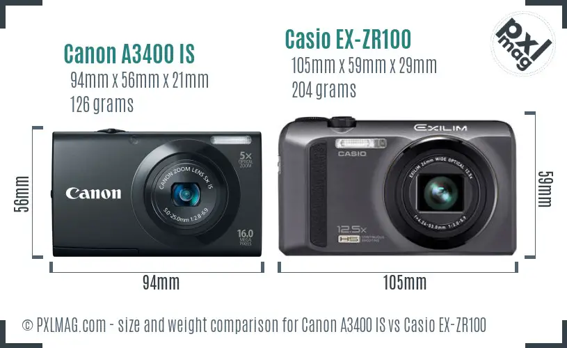 Canon A3400 IS vs Casio EX-ZR100 size comparison