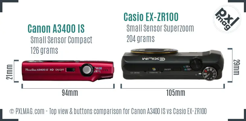 Canon A3400 IS vs Casio EX-ZR100 top view buttons comparison