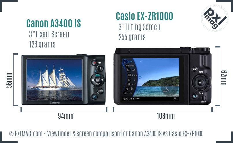 Canon A3400 IS vs Casio EX-ZR1000 Screen and Viewfinder comparison