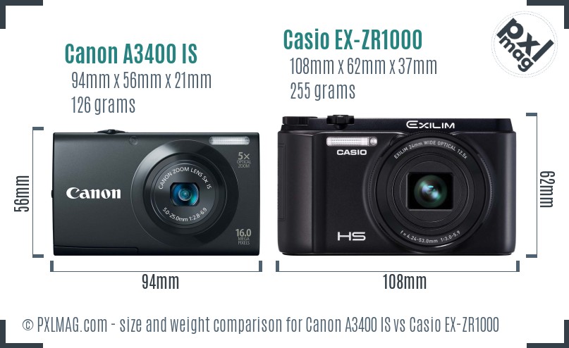 Canon A3400 IS vs Casio EX-ZR1000 size comparison