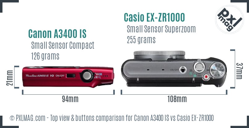 Canon A3400 IS vs Casio EX-ZR1000 top view buttons comparison