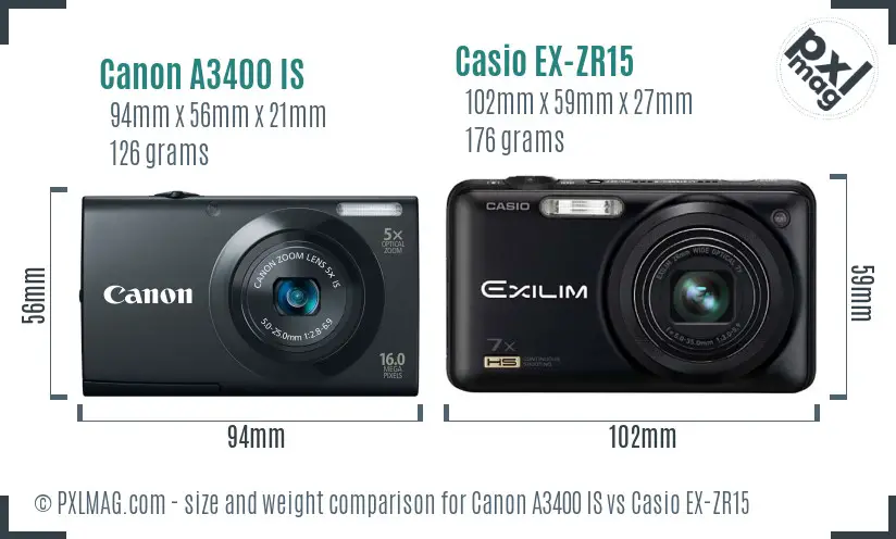 Canon A3400 IS vs Casio EX-ZR15 size comparison Canon A3400 IS vs Casio EX-ZR15 size comparison