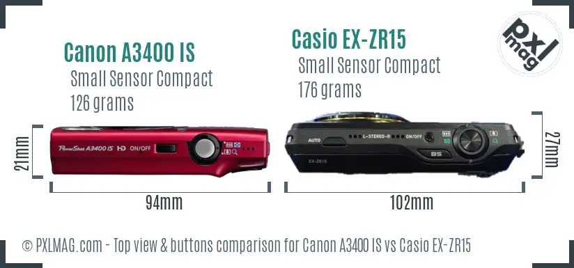 Canon A3400 IS vs Casio EX-ZR15 top view buttons comparison Canon A3400 IS vs Casio EX-ZR15 top view buttons comparison