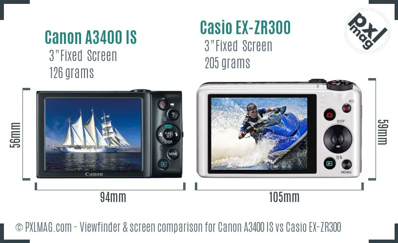 Canon A3400 IS vs Casio EX-ZR300 Screen and Viewfinder comparison