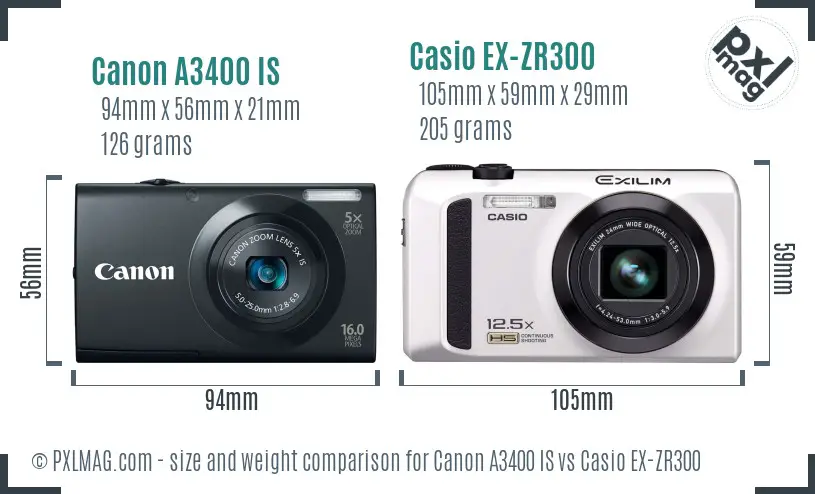 Canon A3400 IS vs Casio EX-ZR300 size comparison