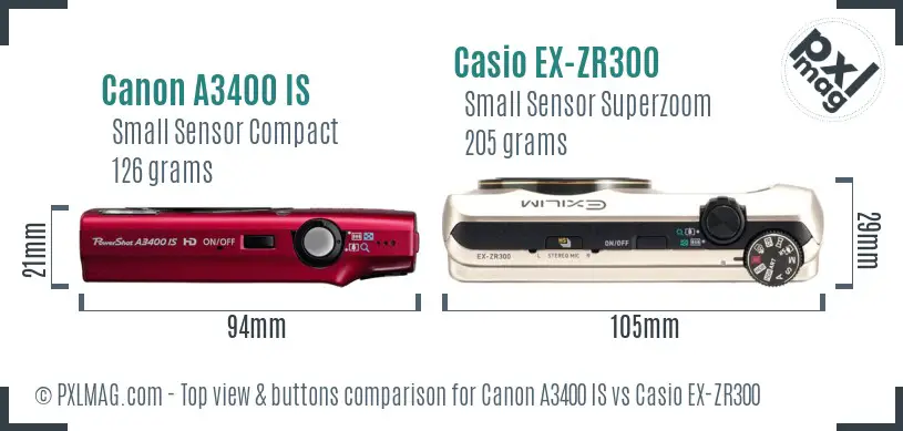 Canon A3400 IS vs Casio EX-ZR300 top view buttons comparison
