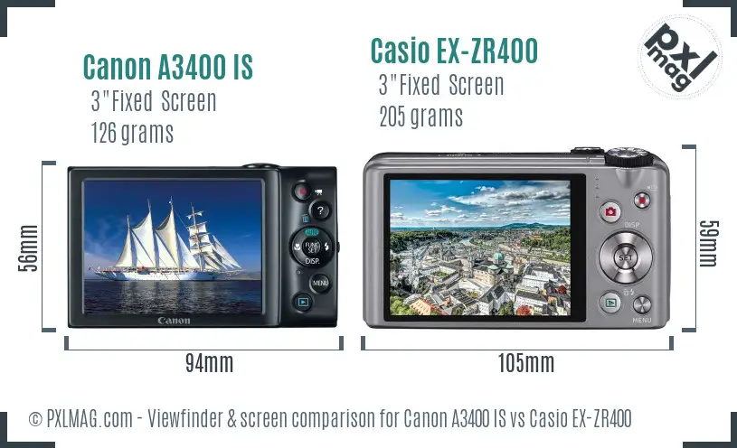 Canon A3400 IS vs Casio EX-ZR400 Screen and Viewfinder comparison