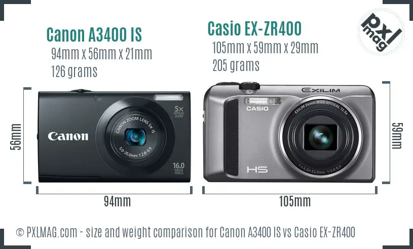 Canon A3400 IS vs Casio EX-ZR400 size comparison