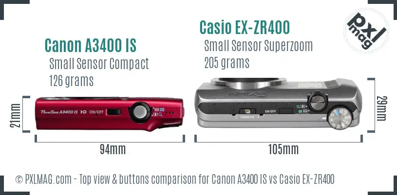 Canon A3400 IS vs Casio EX-ZR400 top view buttons comparison