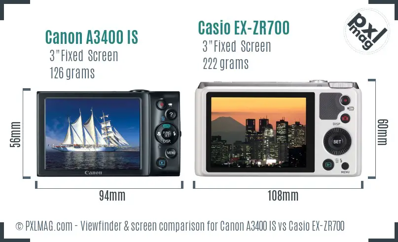 Canon A3400 IS vs Casio EX-ZR700 Screen and Viewfinder comparison