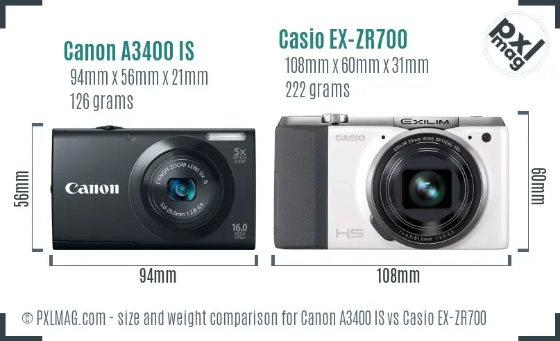 Canon A3400 IS vs Casio EX-ZR700 size comparison