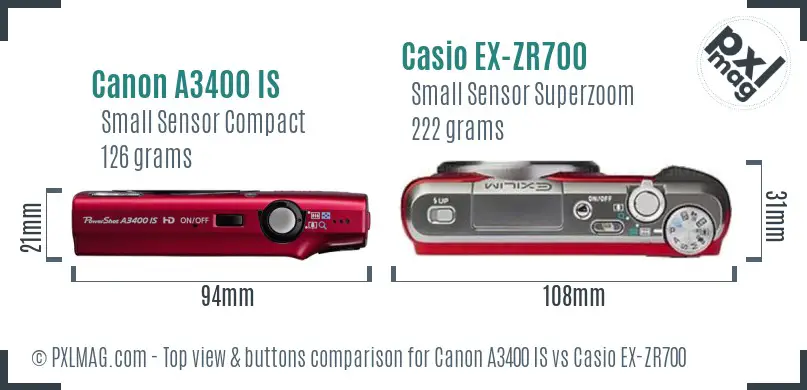 Canon A3400 IS vs Casio EX-ZR700 top view buttons comparison