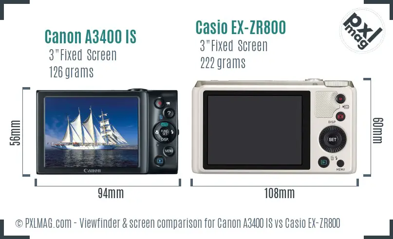 Canon A3400 IS vs Casio EX-ZR800 Screen and Viewfinder comparison