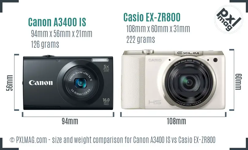 Canon A3400 IS vs Casio EX-ZR800 size comparison