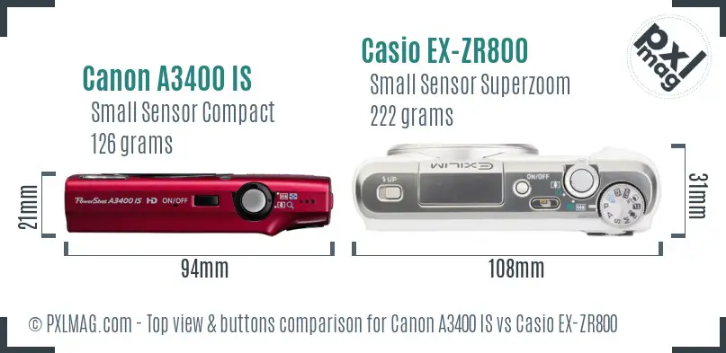 Canon A3400 IS vs Casio EX-ZR800 top view buttons comparison