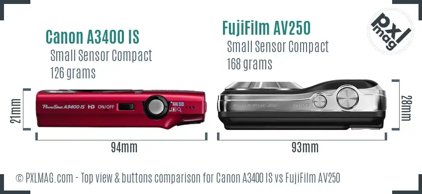 Canon A3400 IS vs FujiFilm AV250 top view buttons comparison Canon A3400 IS vs FujiFilm AV250 top view buttons comparison