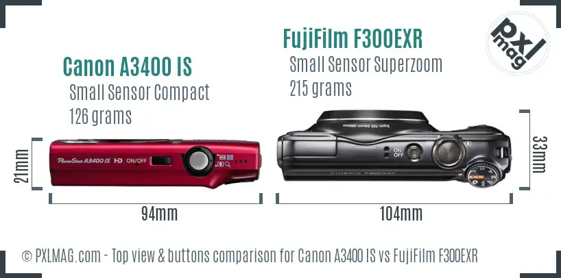 Canon A3400 IS vs FujiFilm F300EXR top view buttons comparison Canon A3400 IS vs FujiFilm F300EXR top view buttons comparison