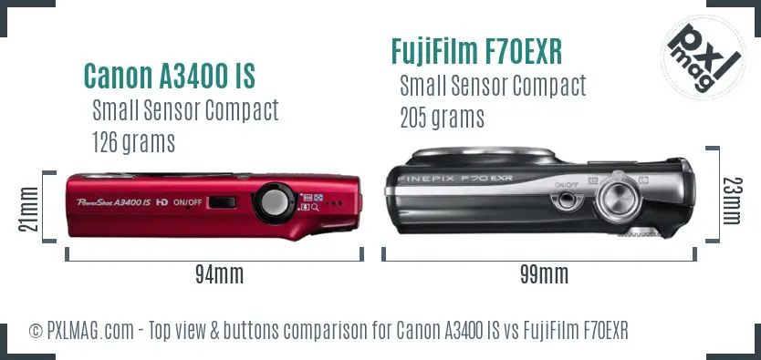 Canon A3400 IS vs FujiFilm F70EXR top view buttons comparison