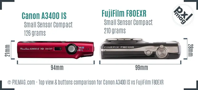Canon A3400 IS vs FujiFilm F80EXR top view buttons comparison Canon A3400 IS vs FujiFilm F80EXR top view buttons comparison