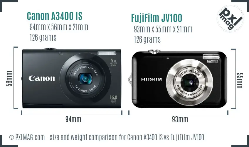 Canon A3400 IS vs FujiFilm JV100 size comparison