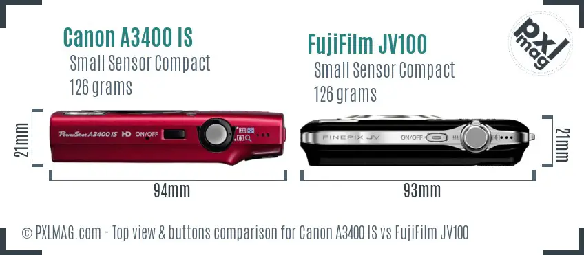 Canon A3400 IS vs FujiFilm JV100 top view buttons comparison