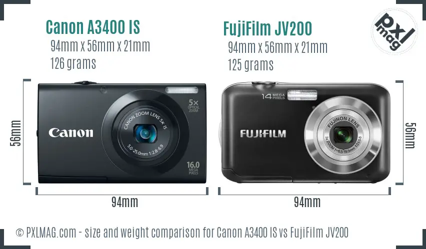 Canon A3400 IS vs FujiFilm JV200 size comparison