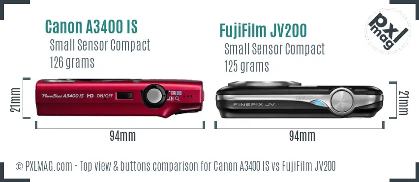 Canon A3400 IS vs FujiFilm JV200 top view buttons comparison