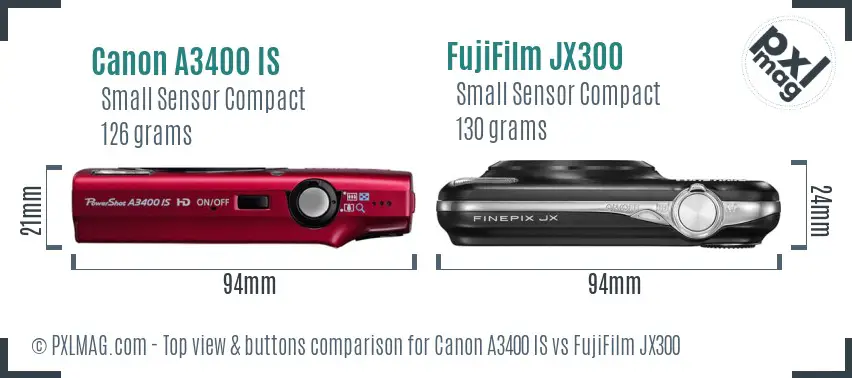 Canon A3400 IS vs FujiFilm JX300 top view buttons comparison