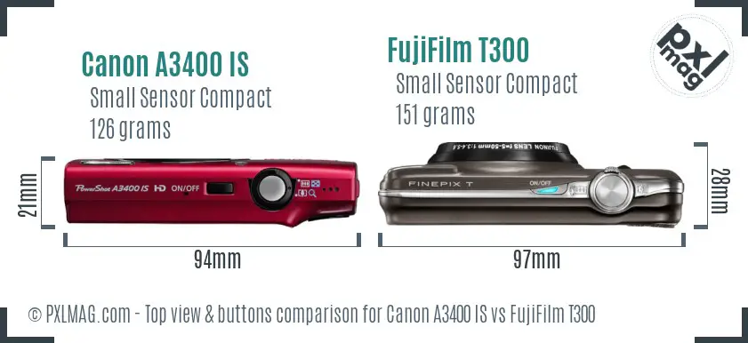 Canon A3400 IS vs FujiFilm T300 top view buttons comparison