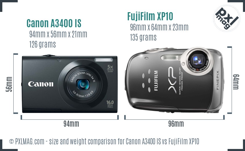 Canon A3400 IS vs FujiFilm XP10 size comparison Canon A3400 IS vs FujiFilm XP10 size comparison