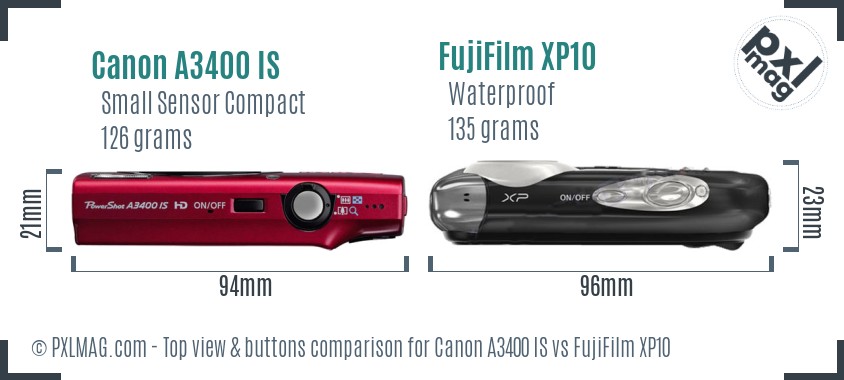 Canon A3400 IS vs FujiFilm XP10 top view buttons comparison