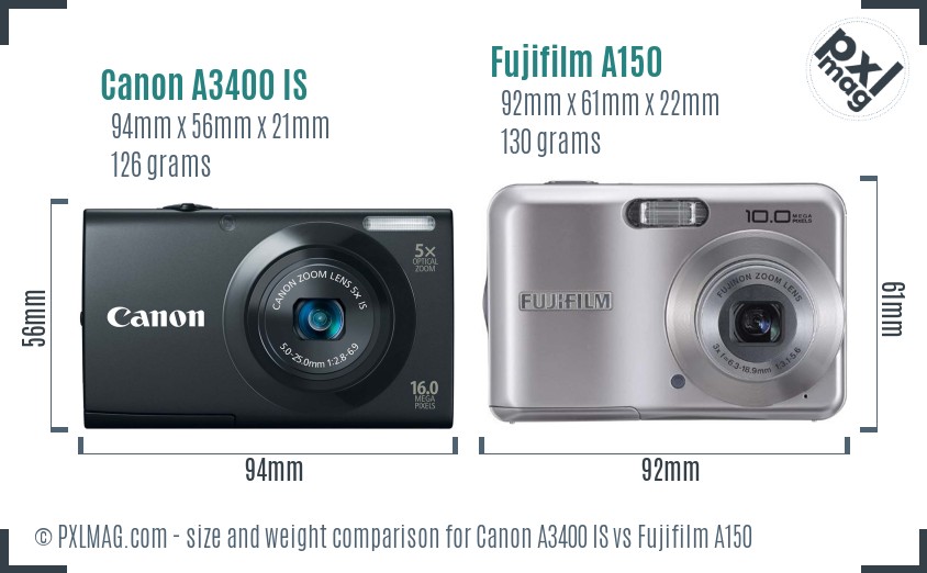 Canon A3400 IS vs Fujifilm A150 size comparison