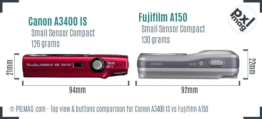 Canon A3400 IS vs Fujifilm A150 top view buttons comparison