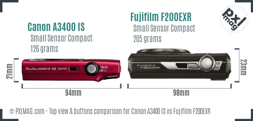 Canon A3400 IS vs Fujifilm F200EXR top view buttons comparison Canon A3400 IS vs Fujifilm F200EXR top view buttons comparison