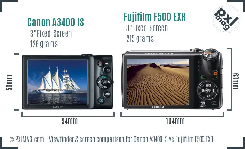 Canon A3400 IS vs Fujifilm F500 EXR Screen and Viewfinder comparison
