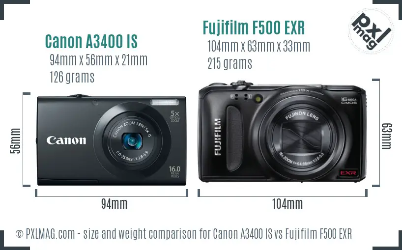 Canon A3400 IS vs Fujifilm F500 EXR size comparison